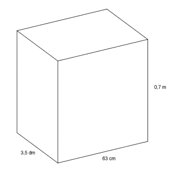 Rett, firkantet prisme med dimensjoner 63 cm, 3,5 dm og 0,7 m.